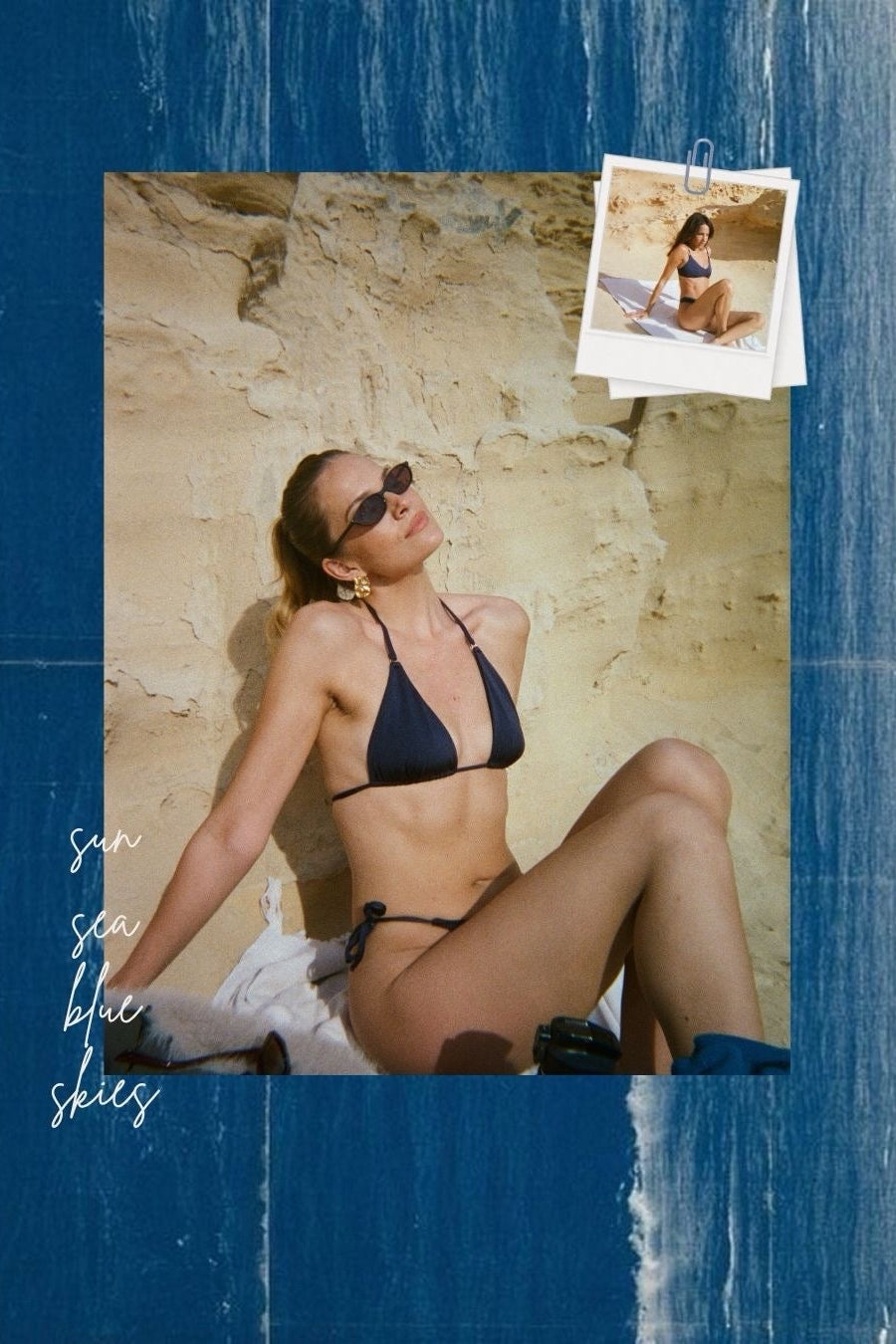 analoog foto van meisje in bikini op achtergrond van zee met zomer tekstje