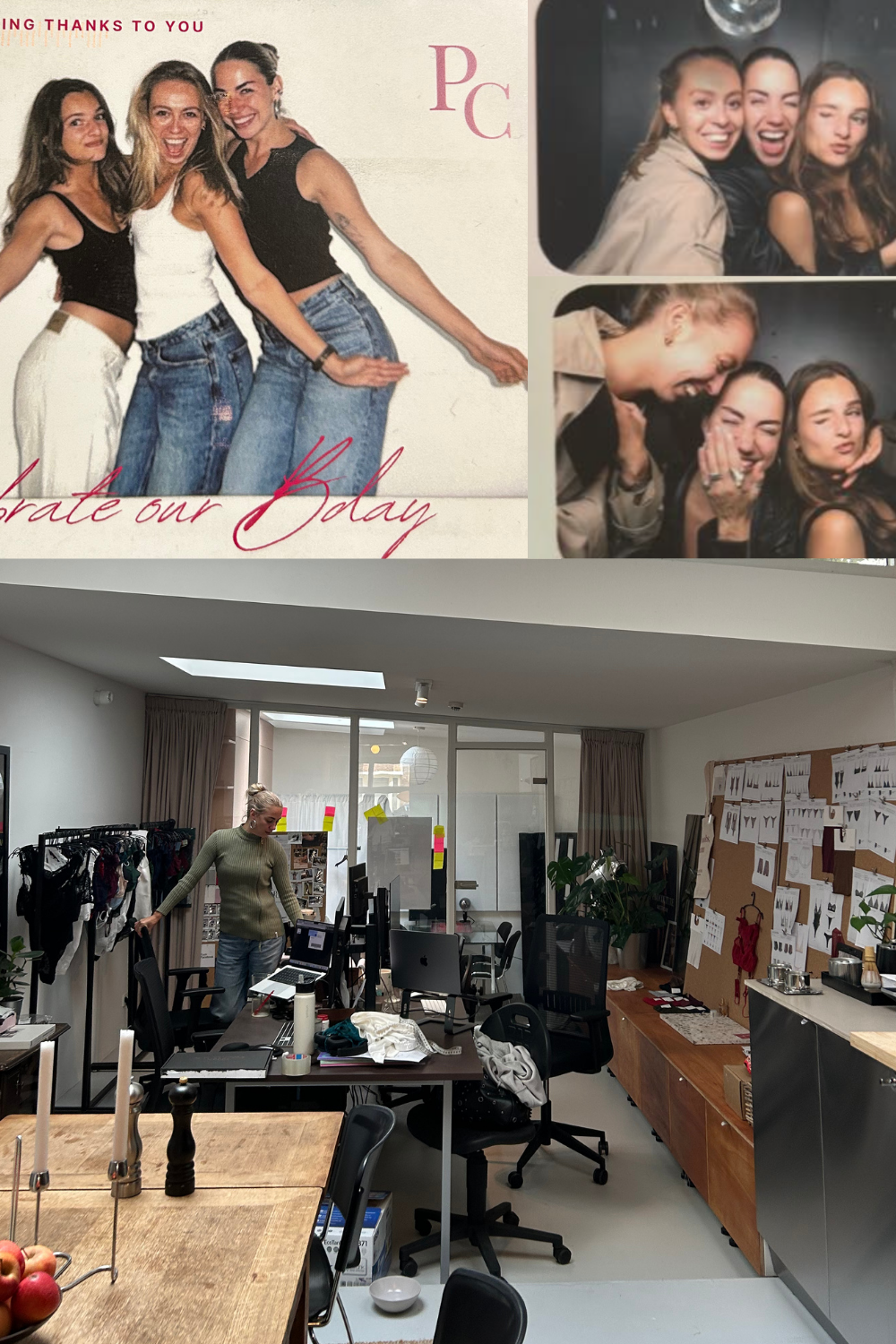 collage van het kantoor en de werknemers van pavo couture