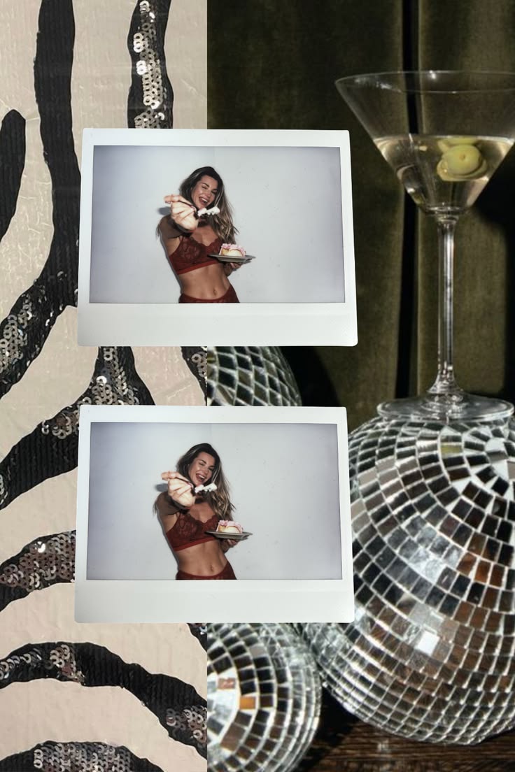 twee polaroids blonde vrouw in lingerie op drukke glitter achtergrond met print