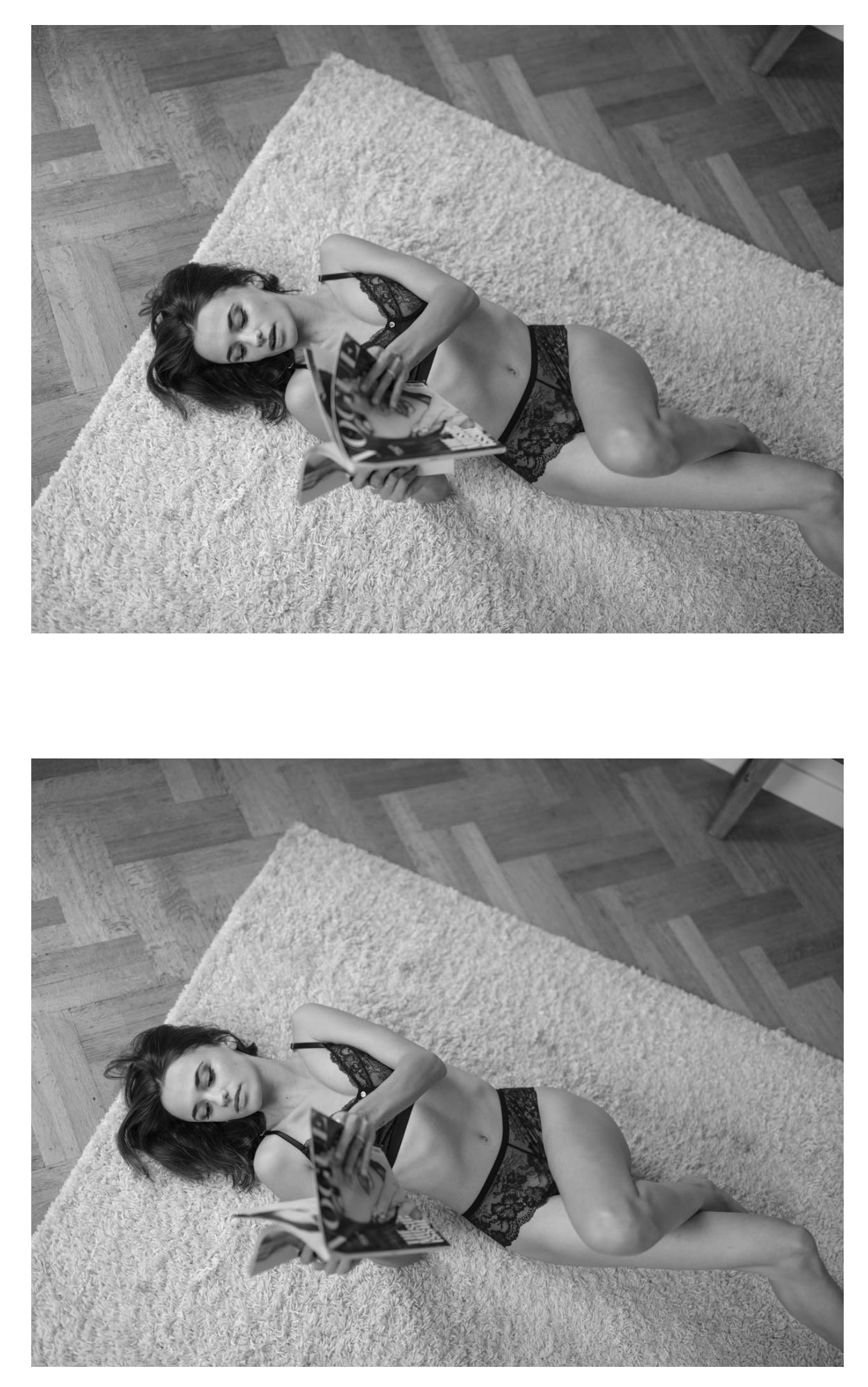 model liggend vogue lezen in zwarte lingerie van pavo couture