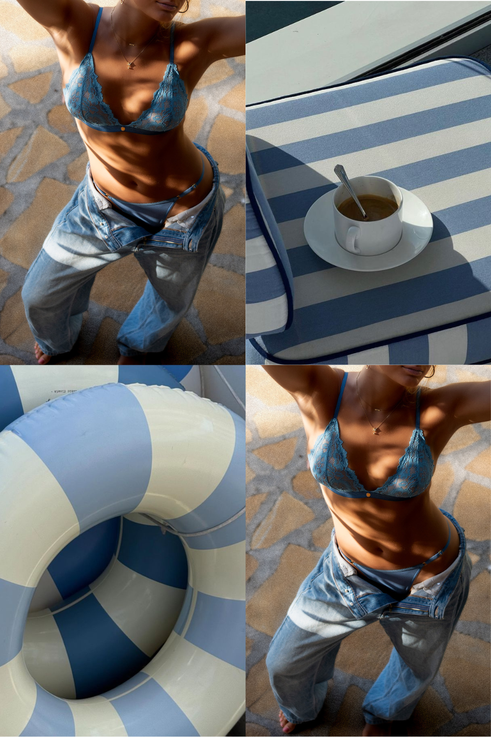 collage meisje in blauw lingerie setje met foto blauwe band en blauw bedje